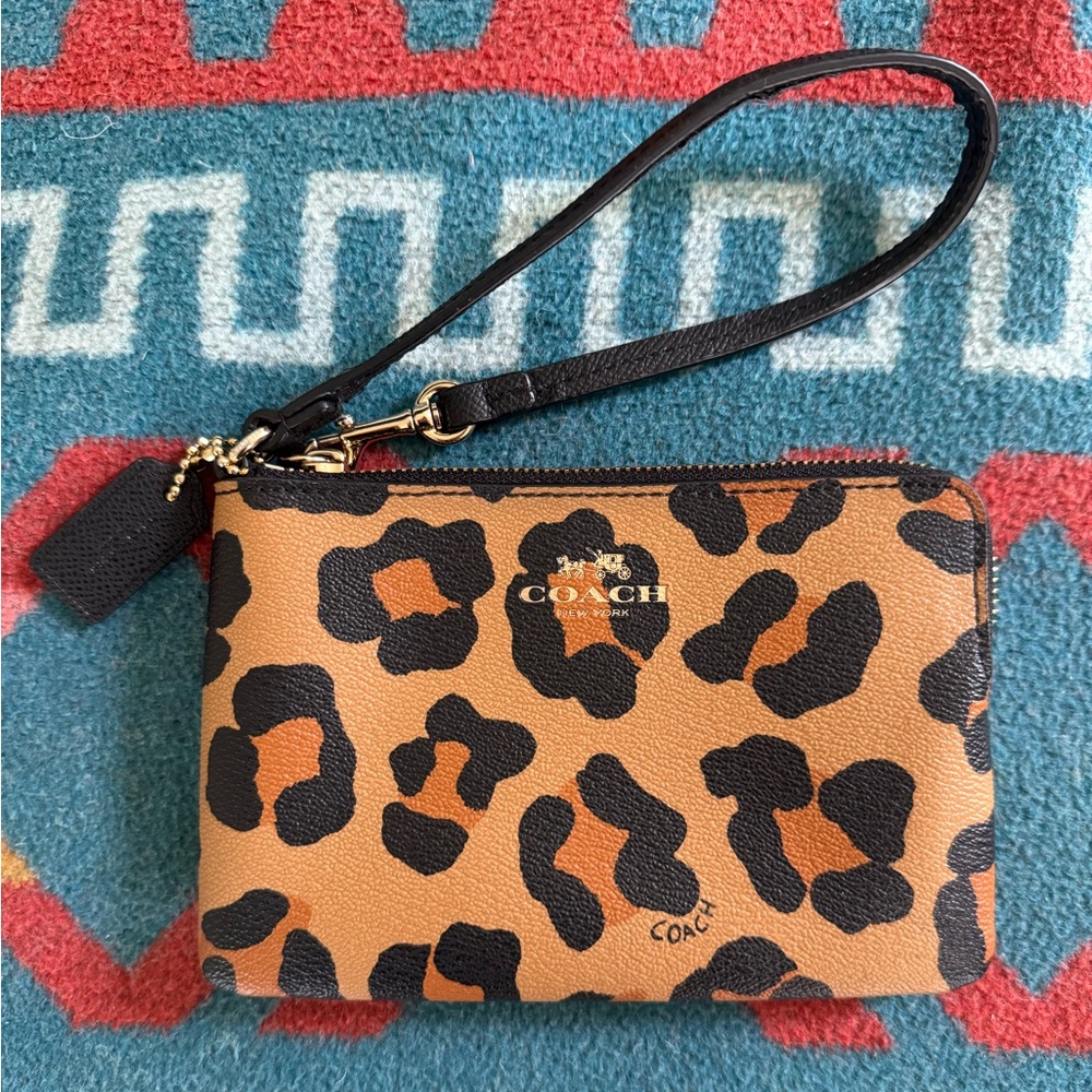Coach Leather Leopard Print Tan & Black Clutch